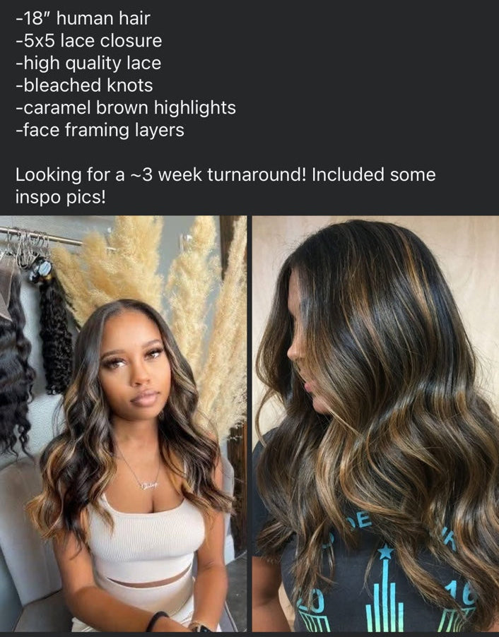 Inspiration images for Alexandra's custom dimensional caramel highlight body wave wig