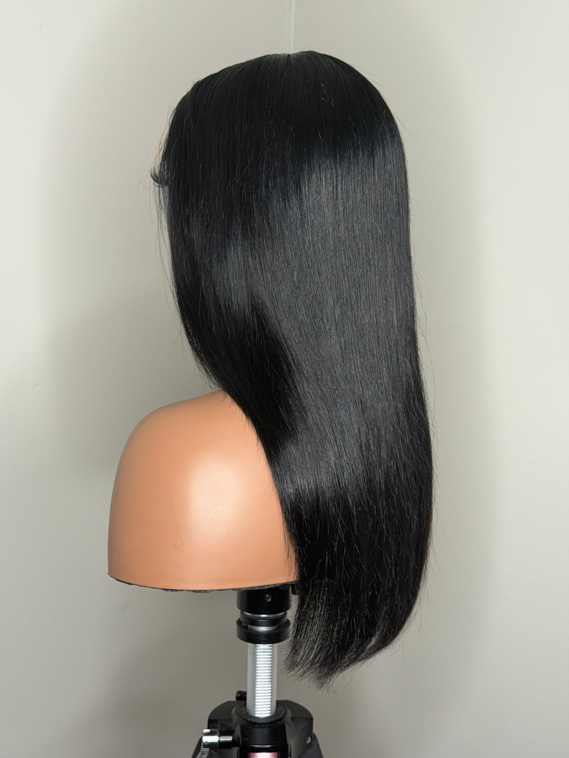 18-inch jet black layered human hair wig back view