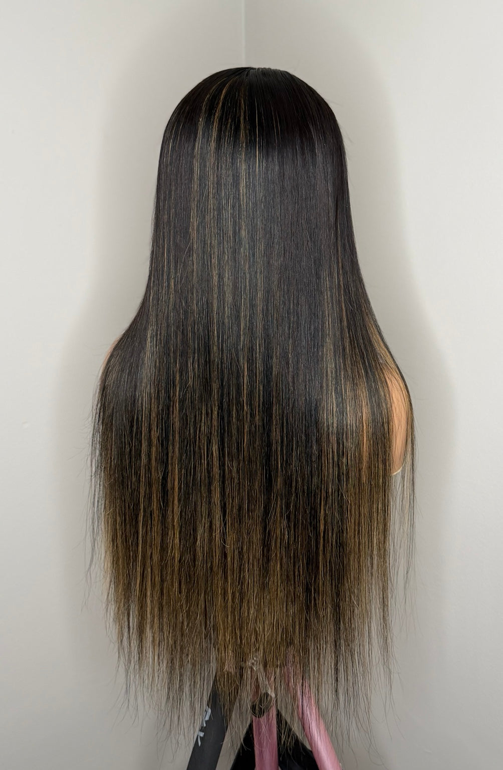 24 inch dimensional brunette and honey straight glueless closure wig back view