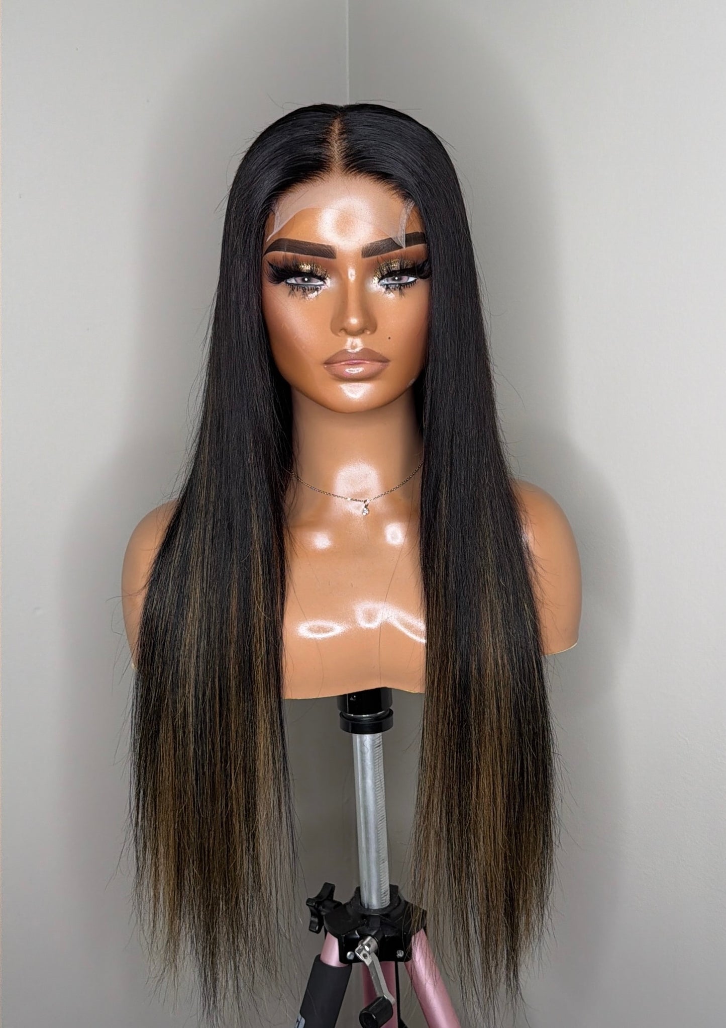 24 inch dimensional brunette and honey straight glueless closure wig front view