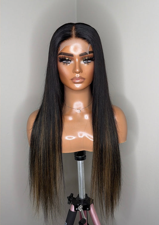 24 inch dimensional brunette and honey straight glueless closure wig front view