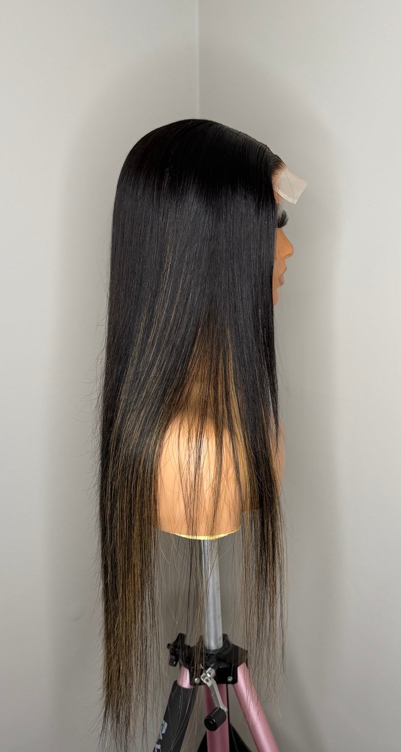 24 inch dimensional brunette and honey straight glueless closure wig side view