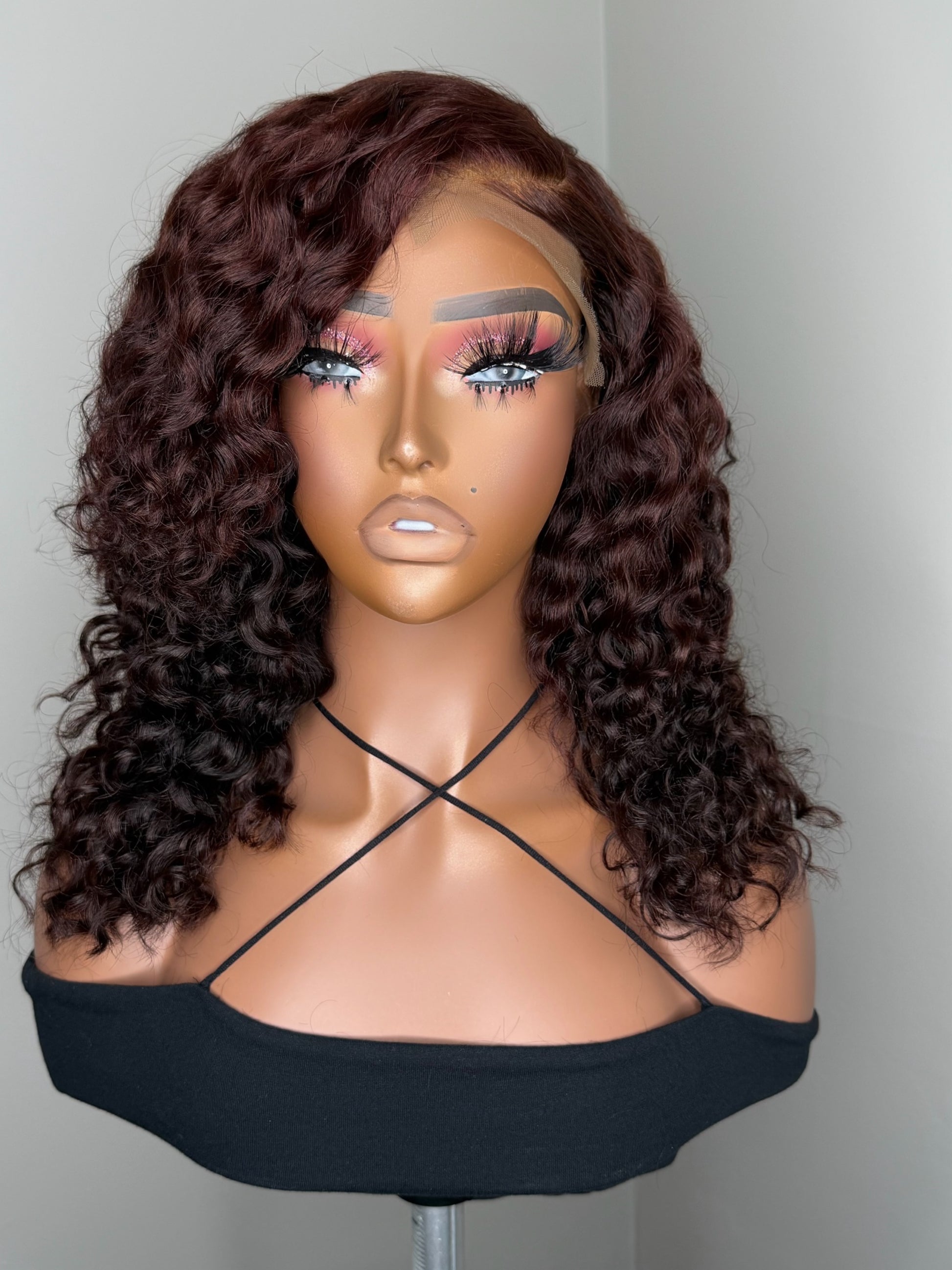 Simone custom wine kinky curly glueless closure wig with deep side part