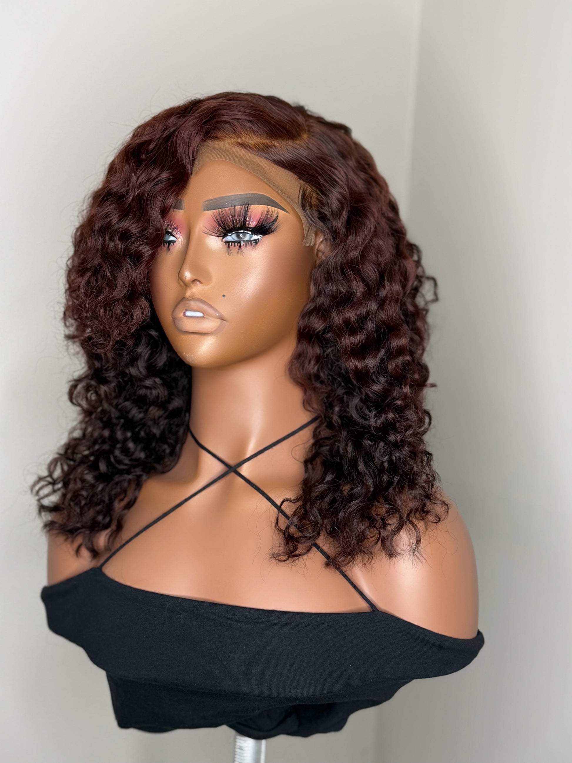 Simone wine kinky curly human hair wig with deep side part and glueless fit