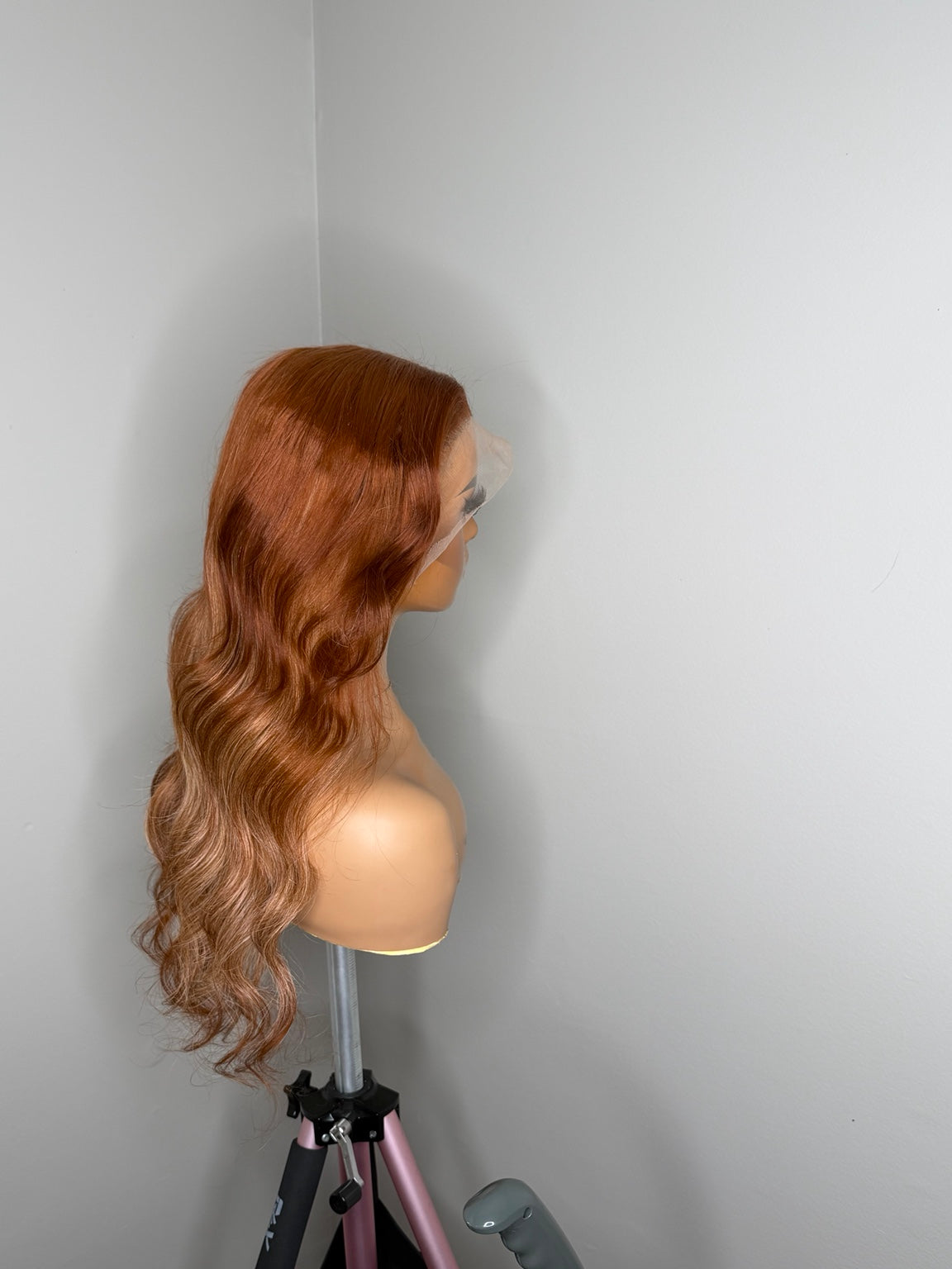 Warm auburn copper long lace wig side view