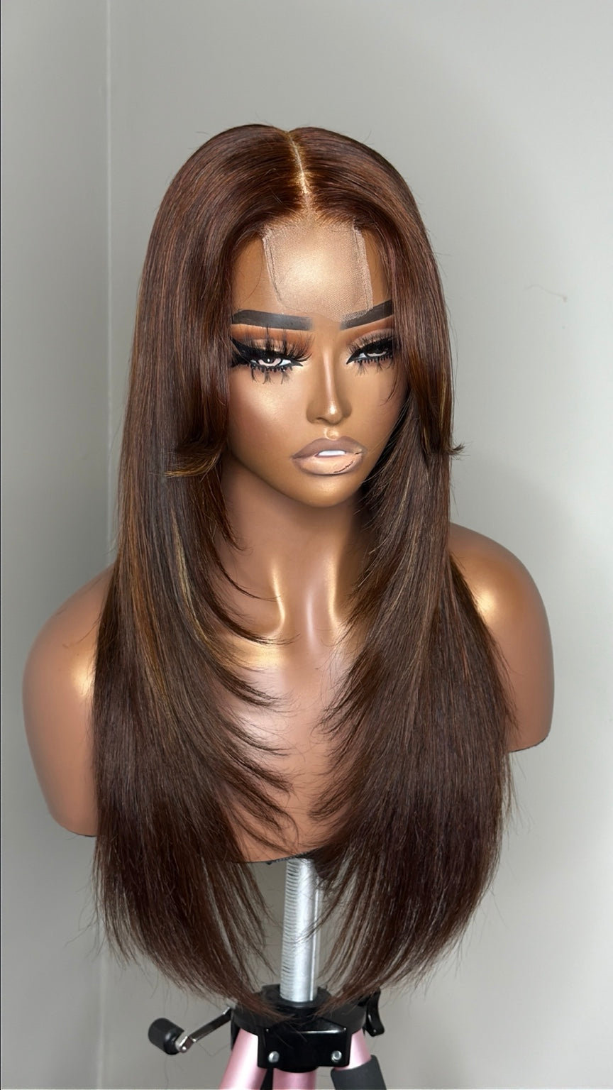 Pretty Pieces by Ki dimensional brunette wig front view with curtain bangs and face-framing layers
