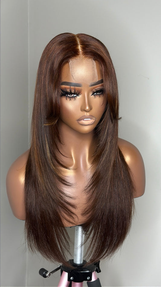 Pretty Pieces by Ki dimensional brunette wig front view with curtain bangs and face-framing layers