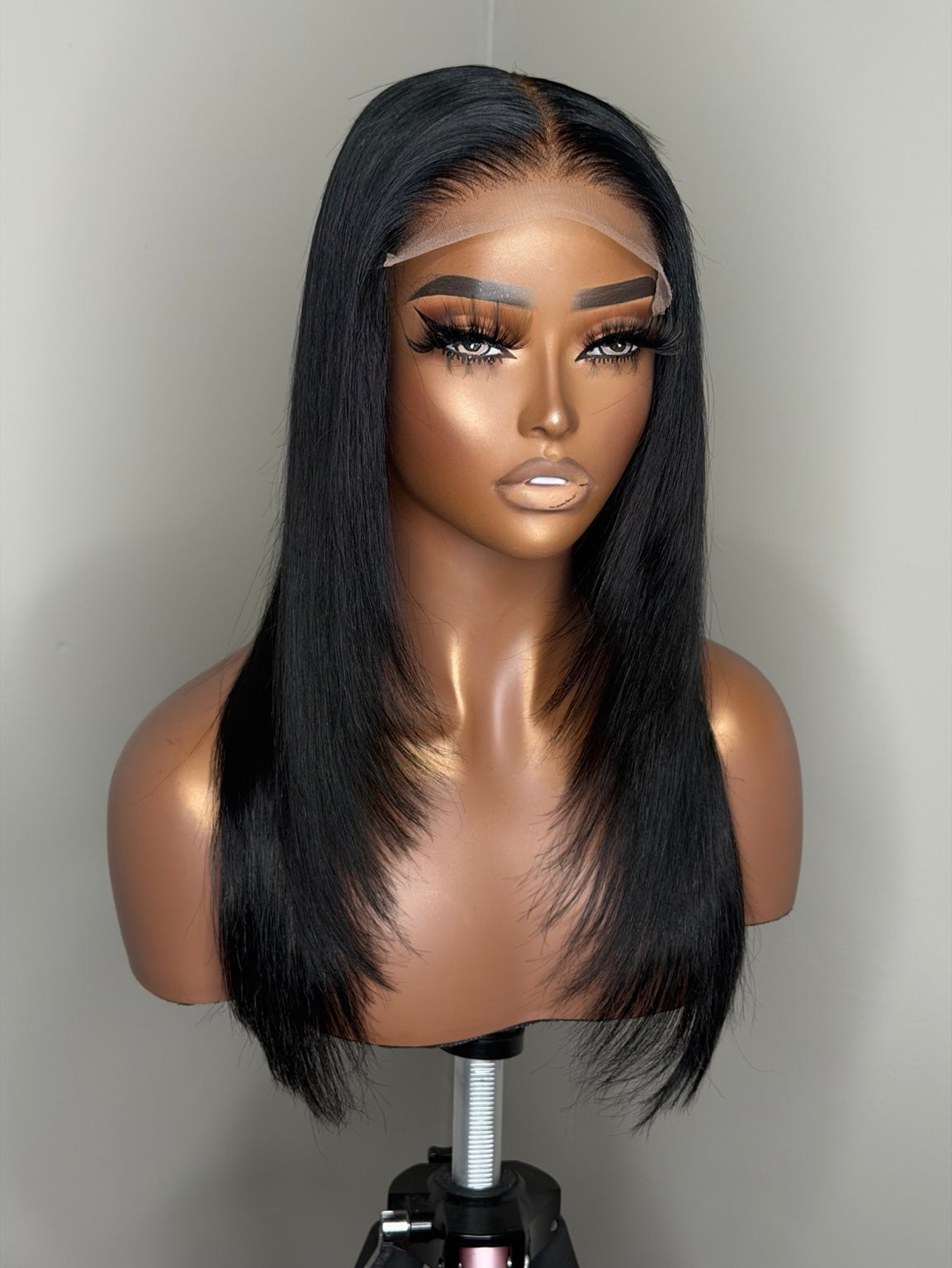 18-inch jet black layered human hair wig front view