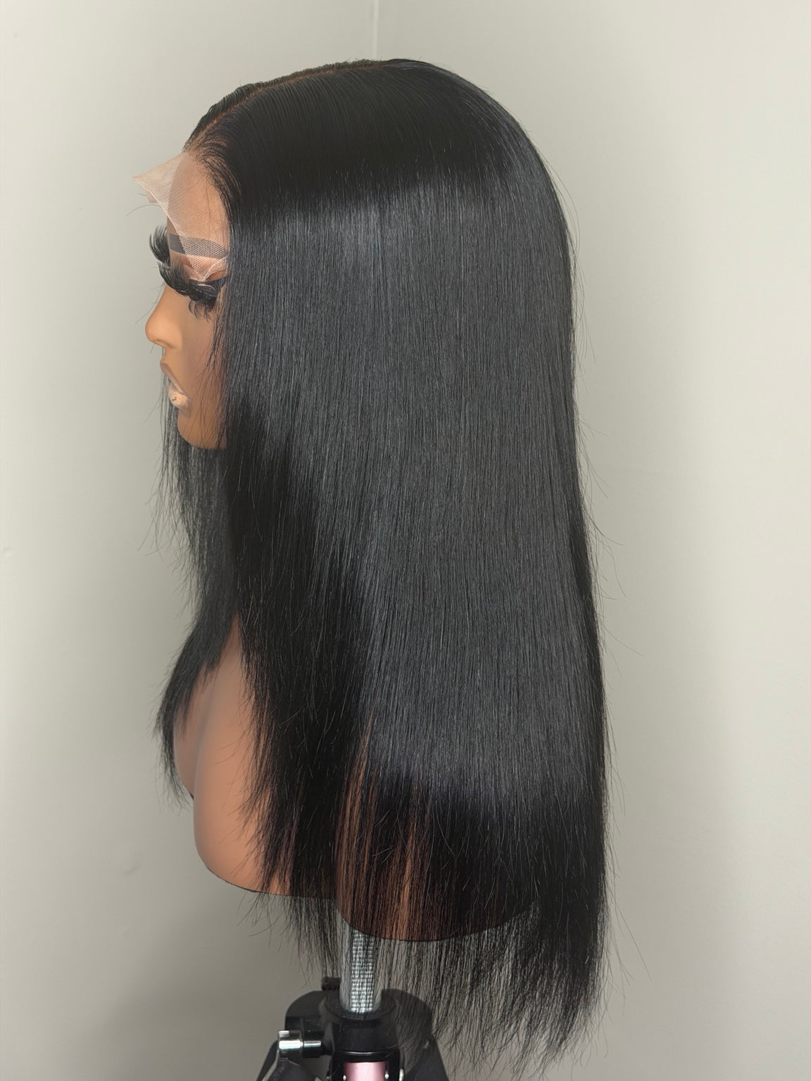 18-inch jet black layered human hair wig side view