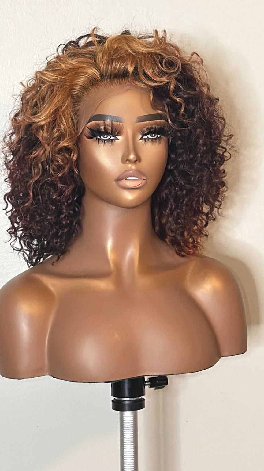 Keyshia Cole inspired burgundy and honey blonde curly wig, front angle