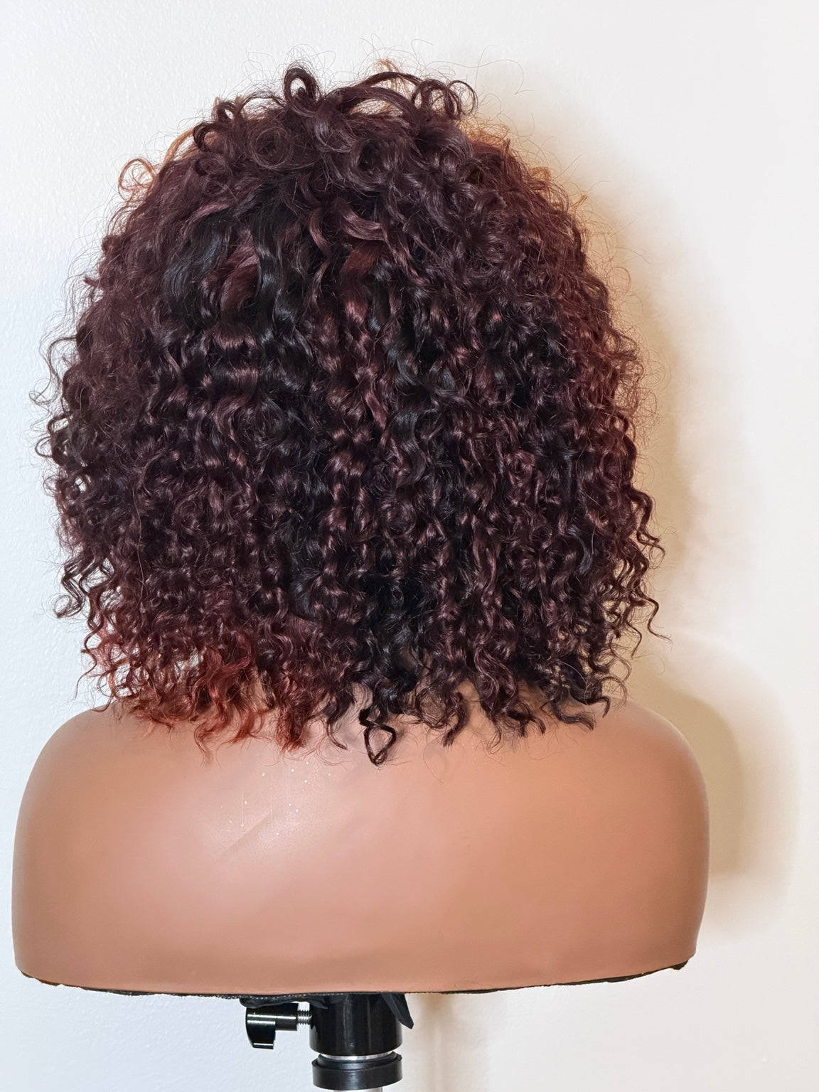 Keyshia Cole inspired burgundy and honey blonde curly wig, back view